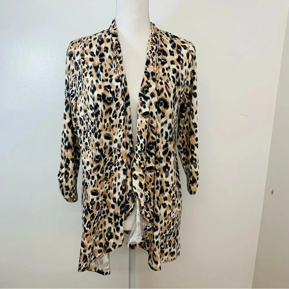 Ninexis Open Jersey Knit Cardigan Woman Medium Animal Print Draped 3/4 Sleeve